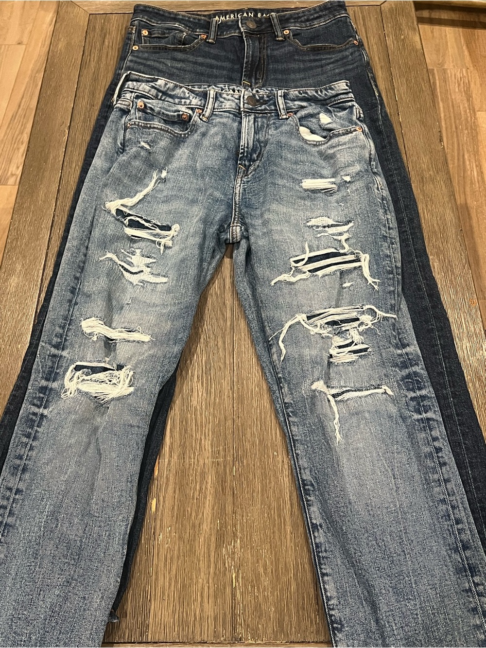 American Eagle Men’s Airflex Jeans Bundle: Distressed Light Blue and Dark Blue